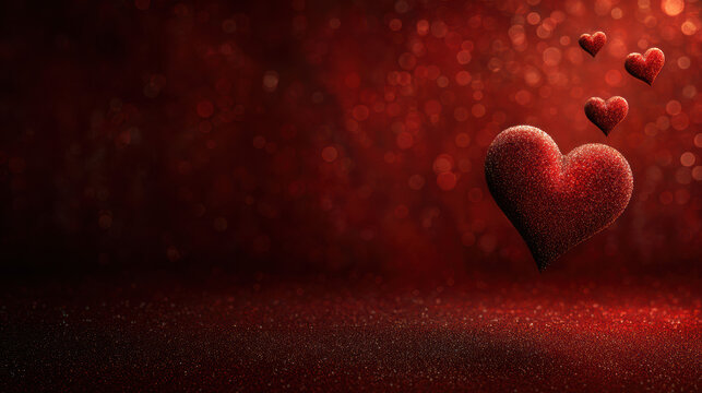 Red glitter hearts background with sparkle particles and bokeh effect, romantic Valentine's Day backdrop with deep burgundy tones and floating heart shapes
