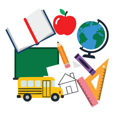 Educational Supplies and School Objects for Learning and Studying.