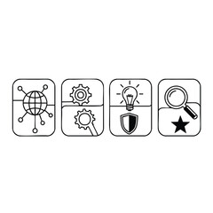 Digital Transformation Icons Representing Global Connectivity Efficiency Innovation and Quality Search.