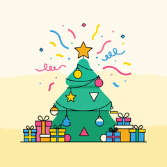 Vibrant Christmas Tree Illustration with Festive Decorations and Gifts.