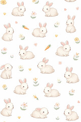 Fototapeta premium Seamless Watercolor Pattern with Cute White Rabbits, Spring Flowers and Carrots on White Background