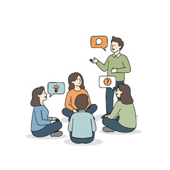 Group of diverse people sitting in a circle having a discussion.