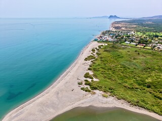aerial view of Estuario de Río Guadiaro and Playa de Sotogrande near Sotogrande at the Mediterranean Sea with a view towards the Rock of Gibraltar, Cadiz, Costa del Sol, Andalusia, Spain © keBu.Medien