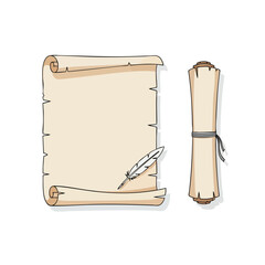 Ancient Scroll Parchment with Quill Pen for Writing and Rolled Document.