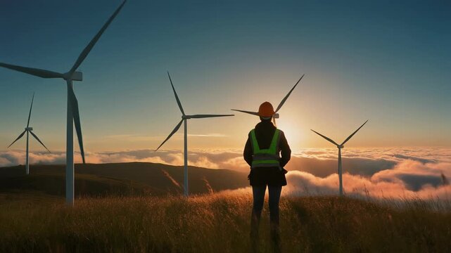 Worker in high-visibility jacket at wind turbine park during sunrise over clouds