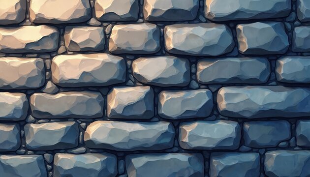 Image shows cartoonish stone wall texture. Stones irregular in shape, size, with rough surface. Wall made of gray stones with white, blue accents. Texture seamless, used as background.