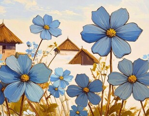 Blue Floral Illustration &ndash; Elegant Botanical Artwork generated AI