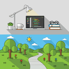 Laptop showing code on screen with desk lamp coffee plant glasses and books.