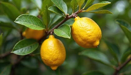 Ripe yellow lemons grow on a green leafy tree branch in daylight. Fresh citrus fruit hangs close together, ready for harvest. Natural outdoor orchard scene.