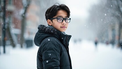 Young boy with glasses wears a warm winter coat. He stands outside on a snowy day, looking towards the camera with a neutral expression. People and buildings are blurred in the background.