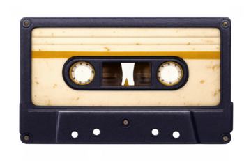 Vintage audio cassette tape showing classic music recording technology from the 80s and 90s, transparent background