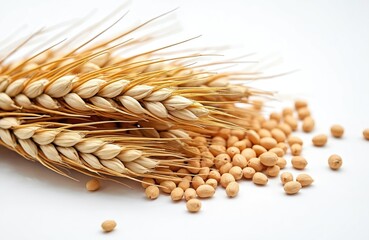 Golden wheat ears and scattered grains lie on white surface. Dried cereal plants feature ripe spikelets. Healthy food ingredient for baking or breakfast. Natural organic farm product.