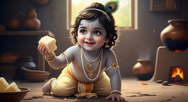 Playful Baby Krishna Crawling with Butter Lump in Hand, Mischievous Makhan Chor Childhood Illustration