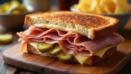 Juicy Cuban sandwich stacked high with ham cheese and pickles on grilled bread. Served on a rustic wooden board, perfect for lunch or a savory snack.