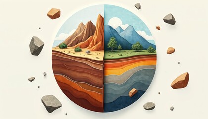 Cross section shows earths layers, diverse landscapes with mountains, soil strata, and geological formations. Floating rocks add dynamic abstract elements to this educational diagram.