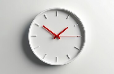 Minimalist white clock with red hands shows time. Object on plain background for planning and scheduling. Represents punctuality and deadlines. Offers precise measurement for daily tasks.