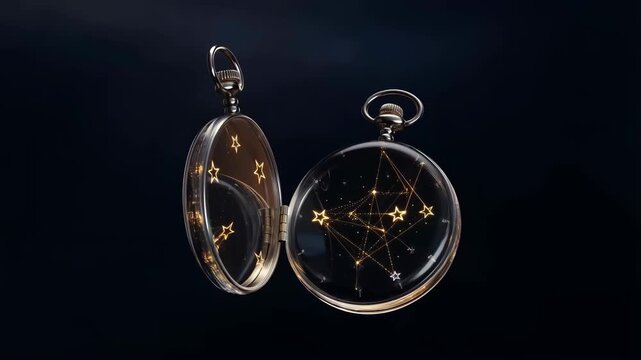 A luxurious open pocket watch reveals a celestial display of golden stars and constellations against a dark backdrop.