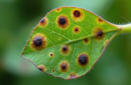 Green soybean leaf shows circular spots with dark centers and yellow halos. Close up reveals plant disease damage affecting agriculture. Fungal infection on summer crop.