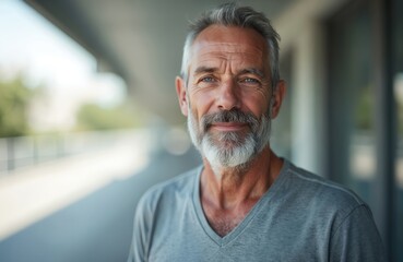 Obraz premium Elderly man with grey beard and blue eyes looking into camera. Mature adult male with wrinkles outside in city daylight. Casual wear, confident expression, outdoors background.