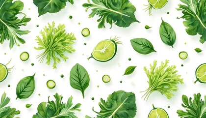 Assorted fresh green salad leaves and lime slices arranged on a clean white background. A vibrant pattern of healthy ingredients for culinary inspiration and design.