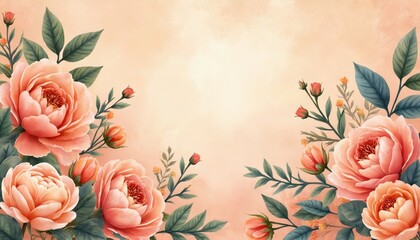 Soft peach floral arrangement with blooming roses and green leaves. Delicate watercolor texture creates a romantic background for celebrations or invitations.