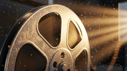 Cinematic film reel with golden light, evoking classic movie magic and nostalgia