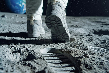 Detailed view of an astronaut walking on the moon's cratered surface, leaving a distinct footprint with 'Lunar Sole Exploration' branding, Earth in the starry sky. AI generated