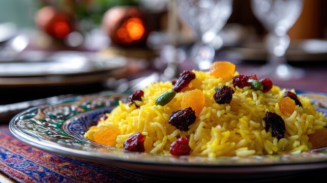 traditional zarda dessert, zarda sweet rice with saffron candied fruits and raisins, served on a colorful plate, is a feast for the eyes