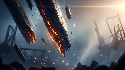 Inferno Fragments Floating Amidst a Scorched Post-Apocalyptic Industrial Setting