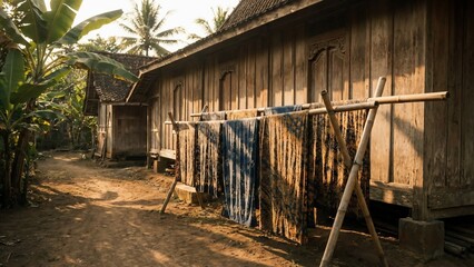 Traditional wooden house in a rural village with clothes drying in the sun, showcasing simple living and cultural heritage.