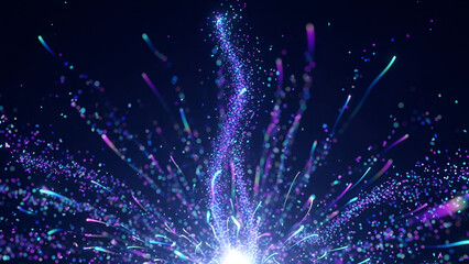Radiant burst of luminous particles emanating into the digital space with dark backdrop