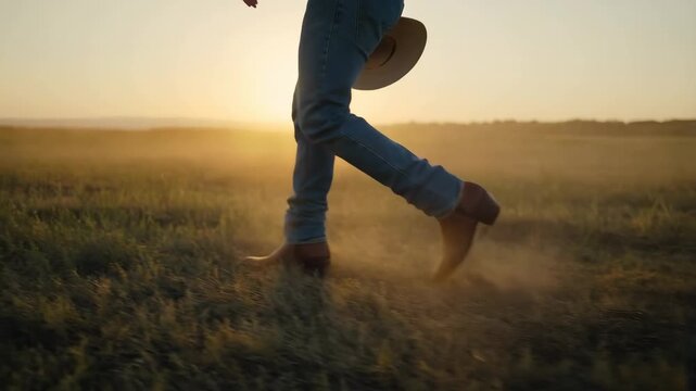 A person in cowboy boots and jeans walks through a dry, grassy field, kicking up dust at sunset. Golden light illuminates the scene, highlighting the movement and rustic atmosphere.