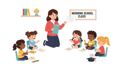 Engaged preschool children learning together with their kind teacher in a bright classroom setting, fostering early education and interactive group activities during a lesson