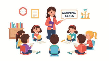 Teacher leading a morning class for young students in a circle, fostering interactive learning and engagement in a bright classroom setting
