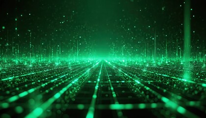 Abstract digital grid with glowing green lines and data points. Futuristic cyberspace with illuminated nodes and energy streams. Network concept with abstract matrix background.