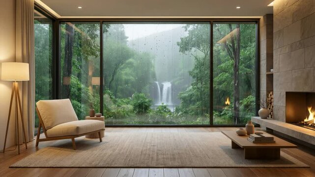 Cozy modern living room with a lit fireplace providing a warm, tranquil ambiance while it is raining outside over a lush green forest with a beautiful waterfall viewed through a large window