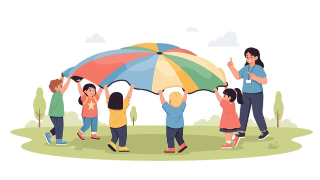 Joyful outdoor play with a vibrant parachute, a diverse group of happy young children and their caring teacher engaging in a fun early childhood activity, fostering teamwork and development