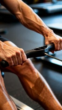 Detail of Veiny Muscular Male Arms Pulling Rowing Machine Handle During High Intensity Cardio Workout