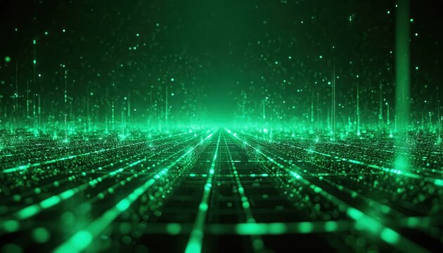 Abstract digital grid with glowing green lines and data points. Futuristic cyberspace with illuminated nodes and energy streams. Network concept with abstract matrix background. - Powered by Adobe