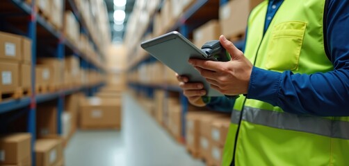 Worker in green vest scans barcode with tablet. Rows of boxes in warehouse storage. Inventory check with tech. Efficient logistics and supply chain operations.