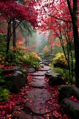 Amid Rainfall Maple Leaves Deepen Crimson Creating Moody Autumn Forest Atmosphere Nature Photography Background Scene