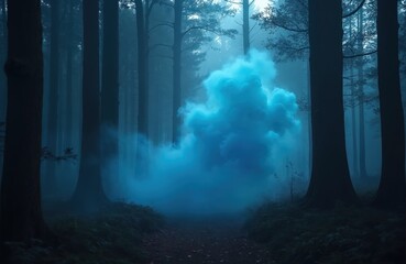 Blue smoke cloud engulfs dark forest path. Tall trees line trail, shrouded in mist. Mysterious atmosphere, eerie ambiance, shadowy woods, deep nature scene.