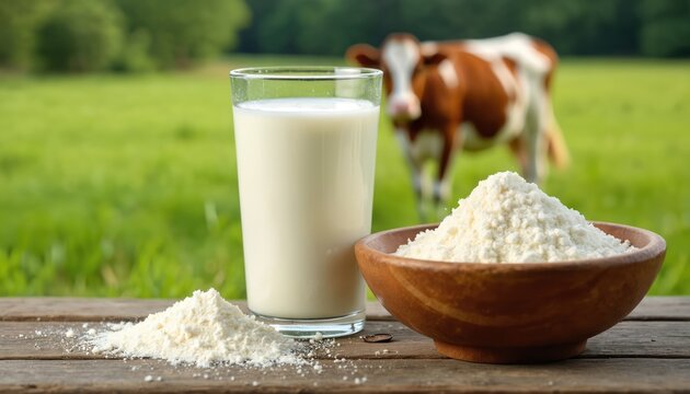 Glass of milk next to colostrum powder on rustic wood table. Cow grazes on green field background. Pure natural dairy products for health and wellness.