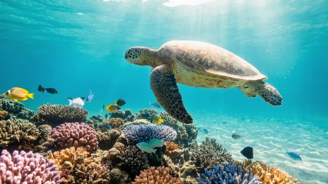 Majestic green sea turtle gracefully swimming in clear turquoise water over a vibrant coral reef, with sunbeams piercing the ocean surface and illuminating diverse tropical fish