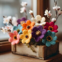 Colorful Crochet Flowers In Rustic Basket Lit By Soft Daylight Cozy Handmade Home Decor Scene