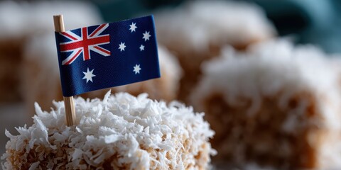 cultural food presentation, a properly placed australian flag on a toothpick over a lamington with a blurred party background in a close-up shot