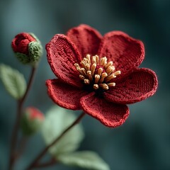Vibrant Red Crochet Flower With Shallow Depth Of Field Handmade Textile Art Floral Decor Detail