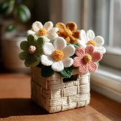 Handcrafted Crochet Flowers In Wooden Basket Creating Warm Cozy Cottagecore Decor Style Natural Light Scene