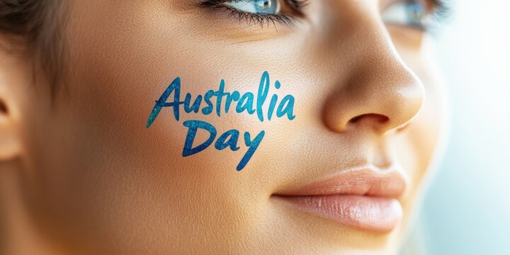 festive face painting, close-up of Australia day in watercolor on a woman's cheek, with glossy sticker and sharp focus on skin texture blurred lively background