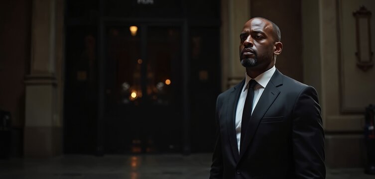 Man in black suit with tie stands alert at building entrance at night. He is a security guard watching carefully. Vigilance and professional duty.